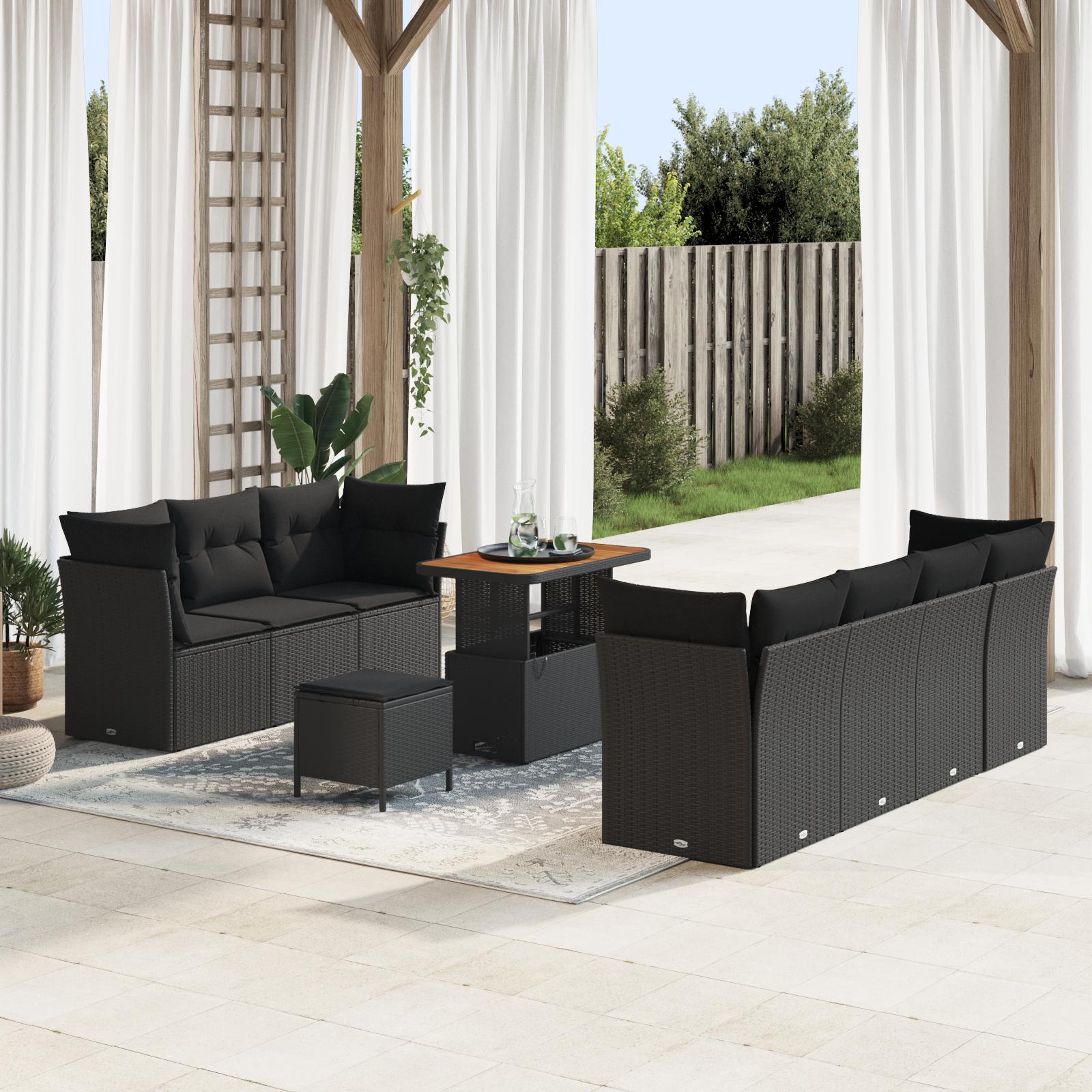 10 Styk Have Sofa Sæt med Puder Sort Poly Rattan Akacie, 3 Styk Have Spisebord Sæt med Puder Sort Poly Rattan Akacie