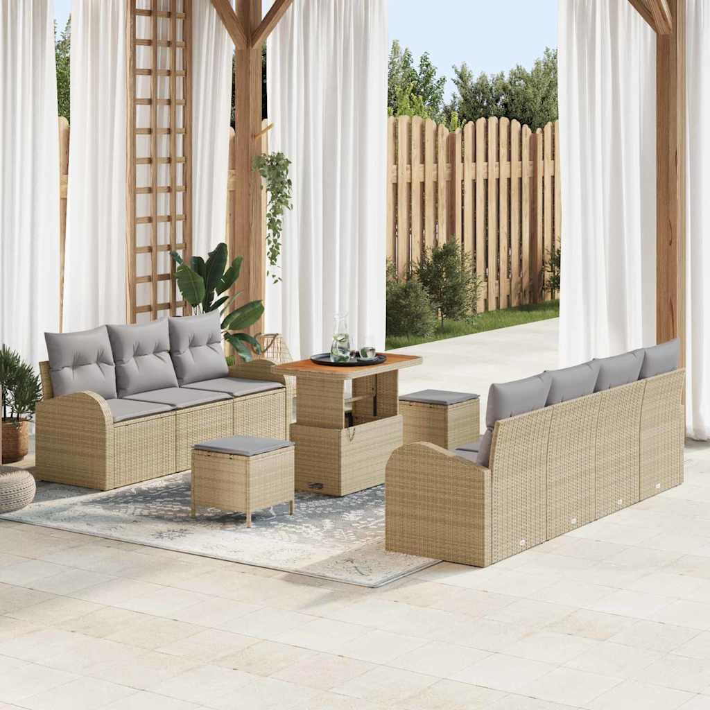 10 Stykker Havemøbel Sæt med Hynder Beige Poly Rattan Akacia, 2-sæders Havemøbel Sofa med Opbevaring & Hynder Beige Poly Rattan, 3 Stykker Havemøbel Spisestue Sæt med Hynder Beige Poly Rattan Akacia